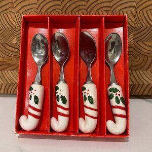 Vintage Set of 4 Porcelain Christmas Spoons Condiments Orig Box 1970's